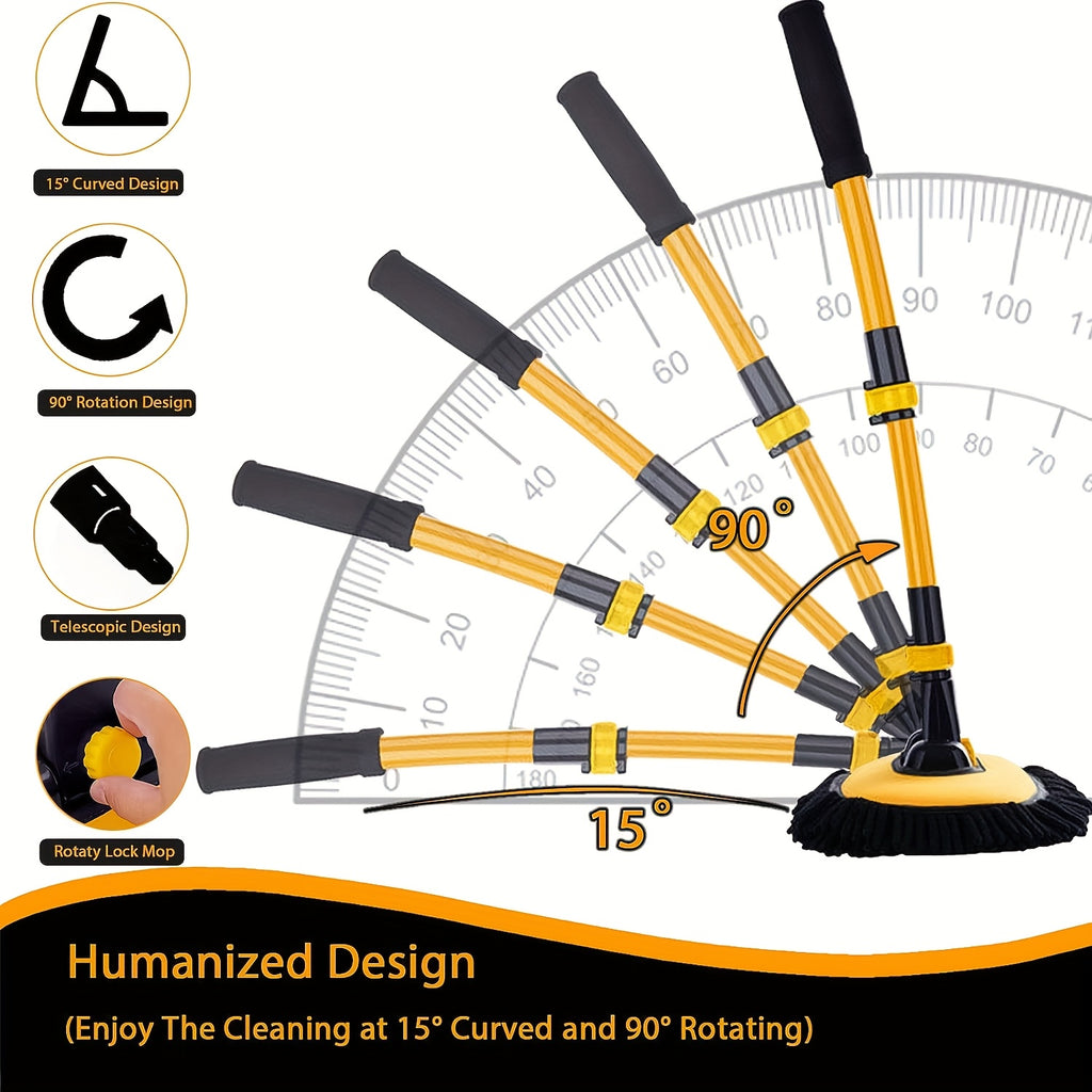 Black and Yellow Telescopic Mop and Towel Car Wash Set - Durable Microfiber