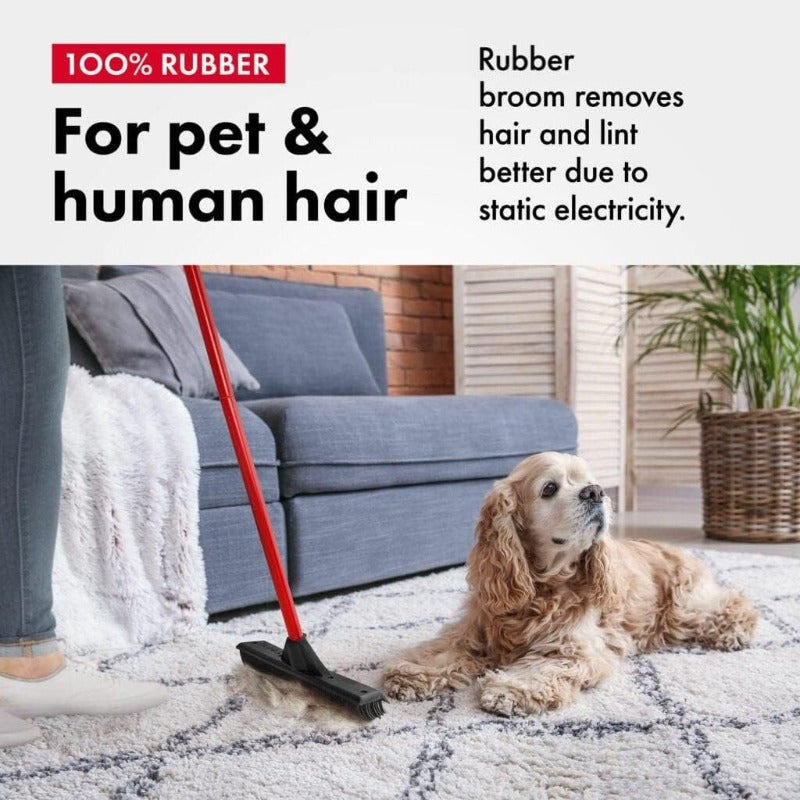 Heavy-Duty Pet Hair Remover Broom with Built-In Squeegee - Rubber Carpet & Floor Sweeper