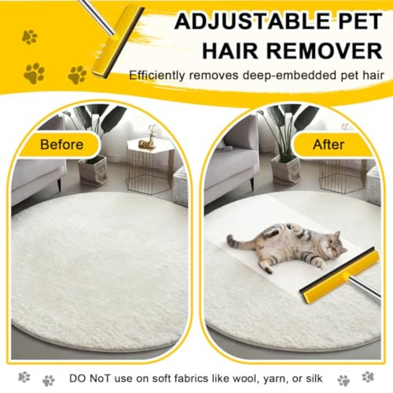 Adjustable & Extended- 52”\u002F37” Pet Hair Removal Broom with Squeegee - Dual-Sided Rubber Carpet Rake