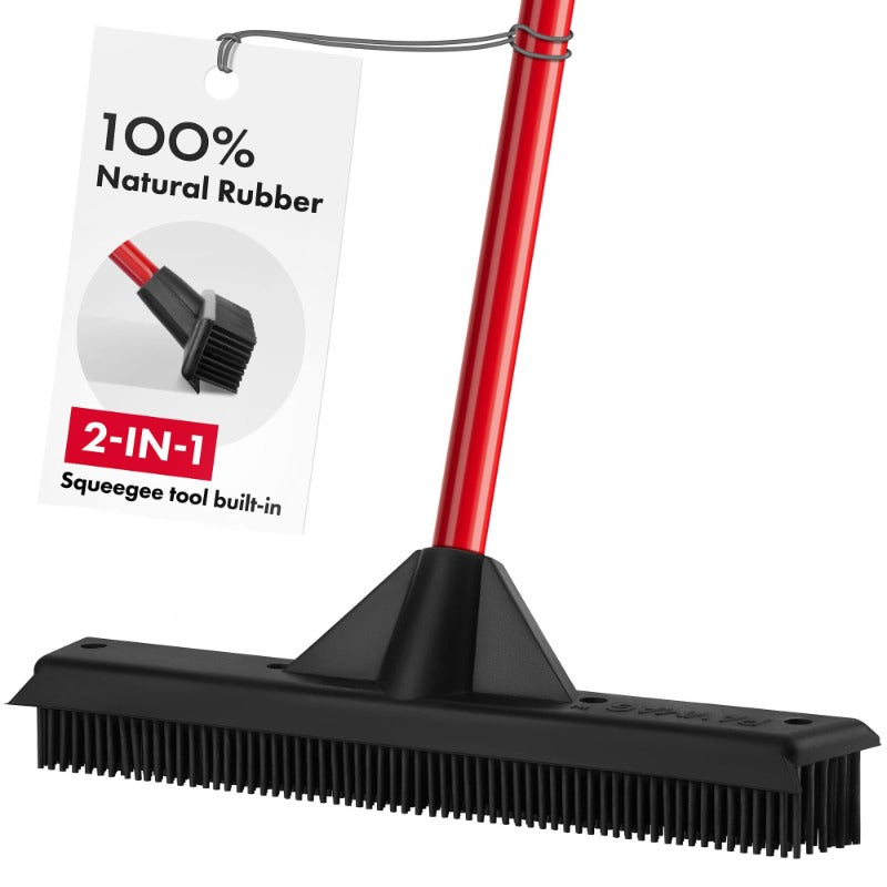 Heavy-Duty Pet Hair Remover Broom with Built-In Squeegee - Rubber Carpet & Floor Sweeper