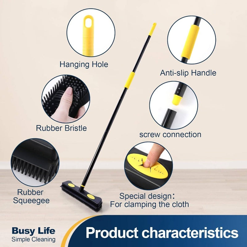 2-in-1 Pet Hair Removal Rubber Broom with Squeegee & Carpet Rake - 57.5” Long Handle Heavy-Duty Floor for
