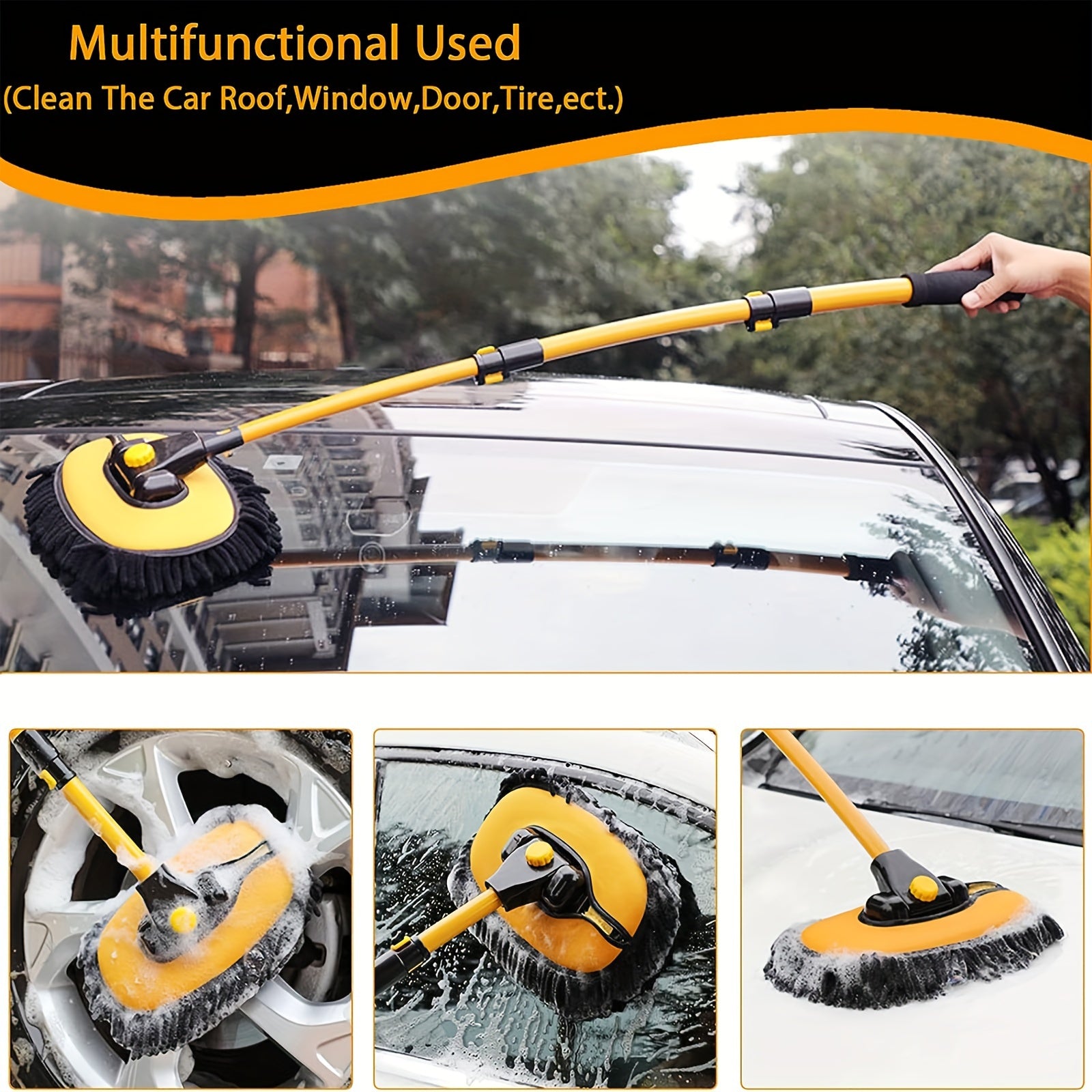 Black and Yellow Telescopic Mop and Towel Car Wash Set - Durable Microfiber