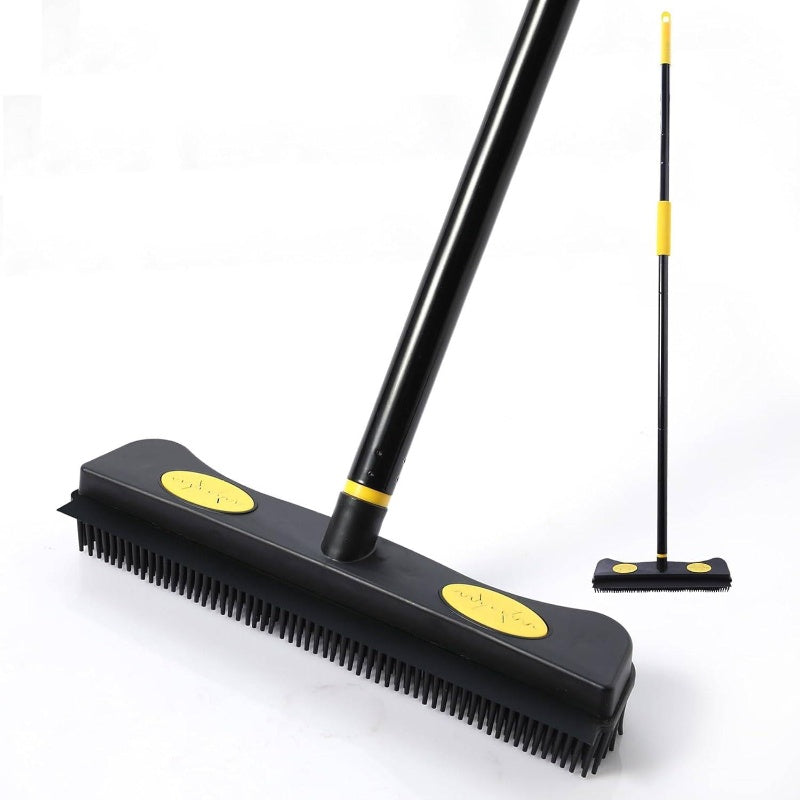 2-in-1 Pet Hair Removal Rubber Broom with Squeegee & Carpet Rake - 57.5” Long Handle Heavy-Duty Floor for