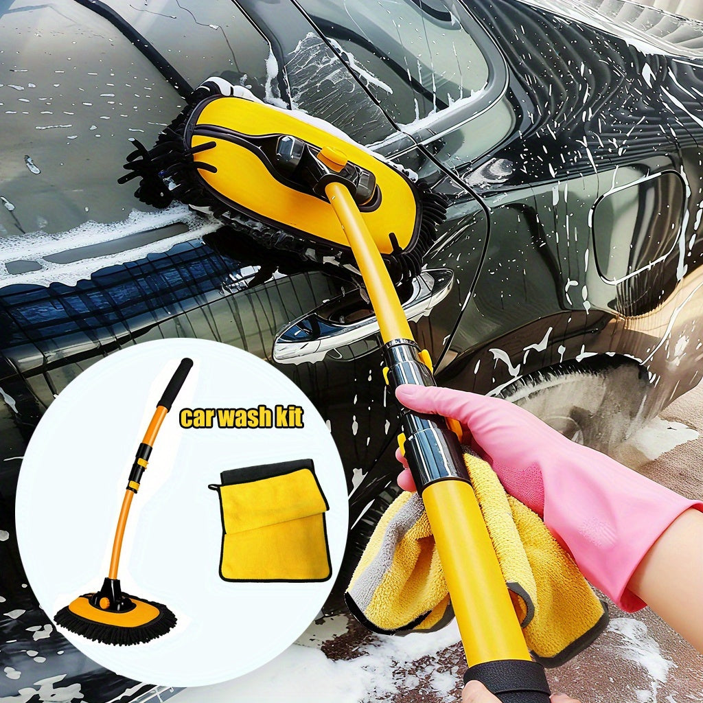 Black and Yellow Telescopic Mop and Towel Car Wash Set - Durable Microfiber