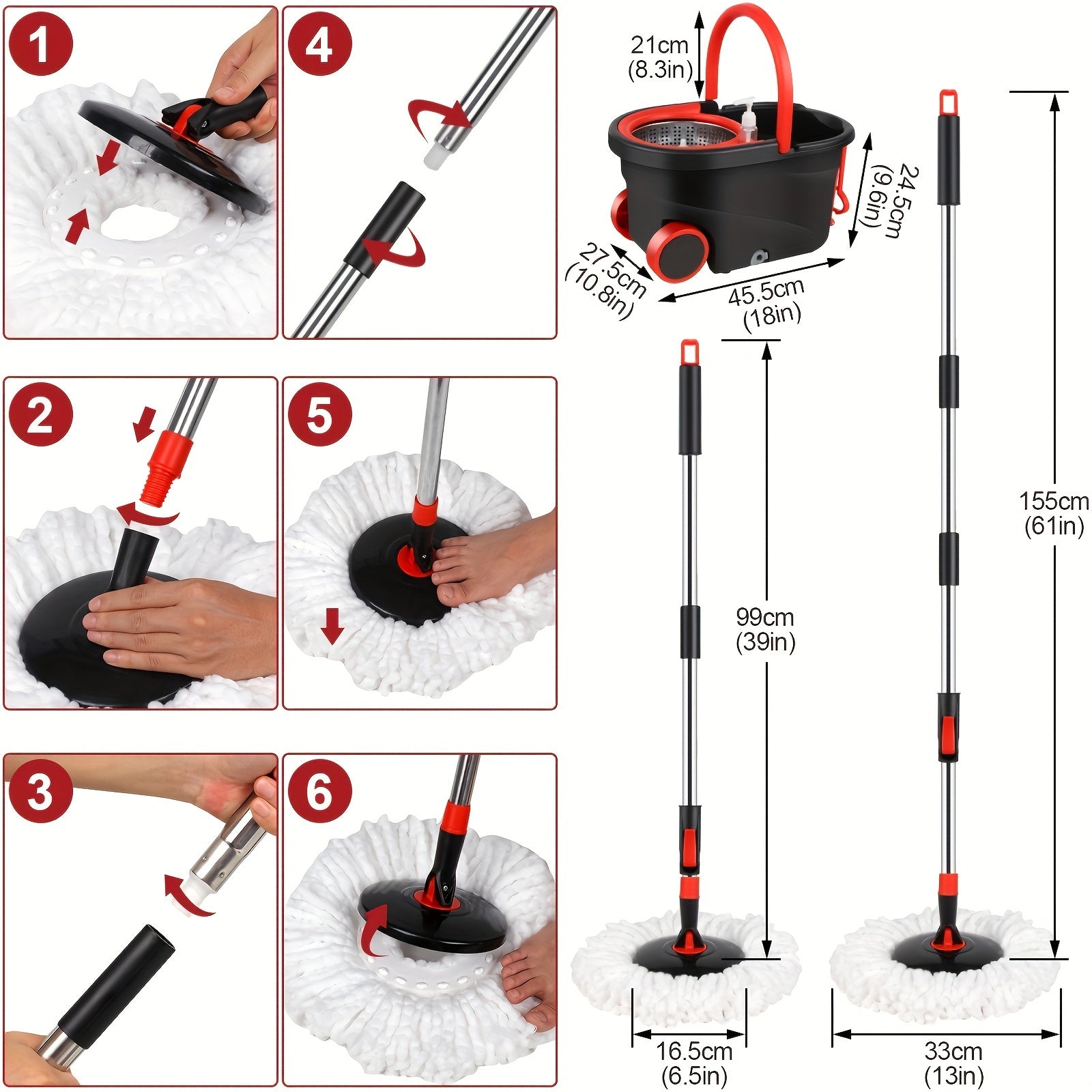 Spin Mop and Bucket with Wringer Set on Wheels, 360° Spinning Mop Bucket System with 3 Microfiber Mop Replacement Heads