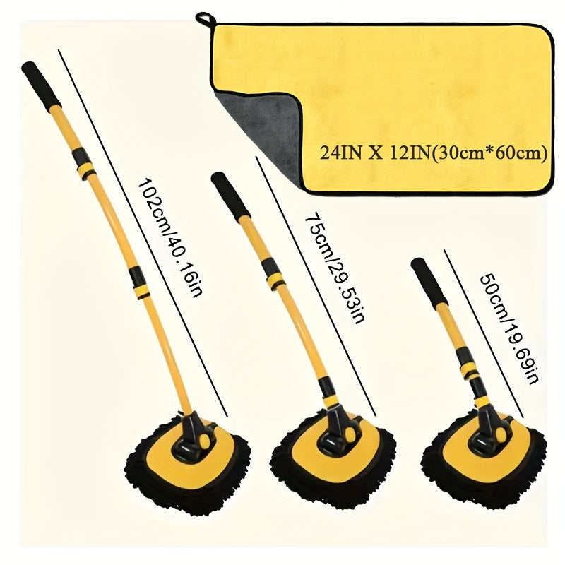 Black and Yellow Telescopic Mop and Towel Car Wash Set - Durable Microfiber