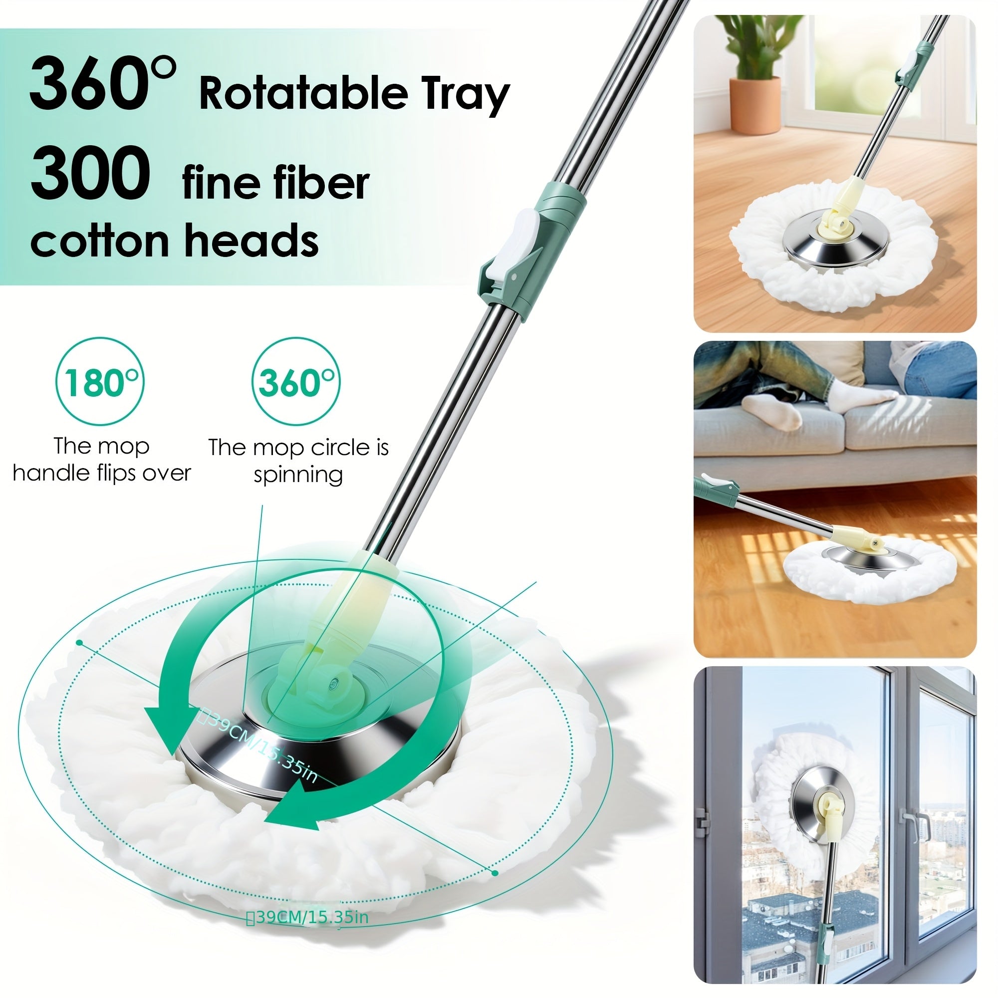 Durable Spin Mop Bucket with Wringer Set - 360° Rotating, 3 Microfiber Replacement Heads