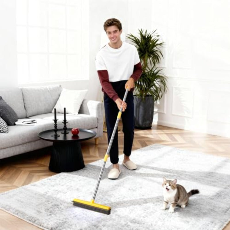 Adjustable & Extended- 52”\u002F37” Pet Hair Removal Broom with Squeegee - Dual-Sided Rubber Carpet Rake