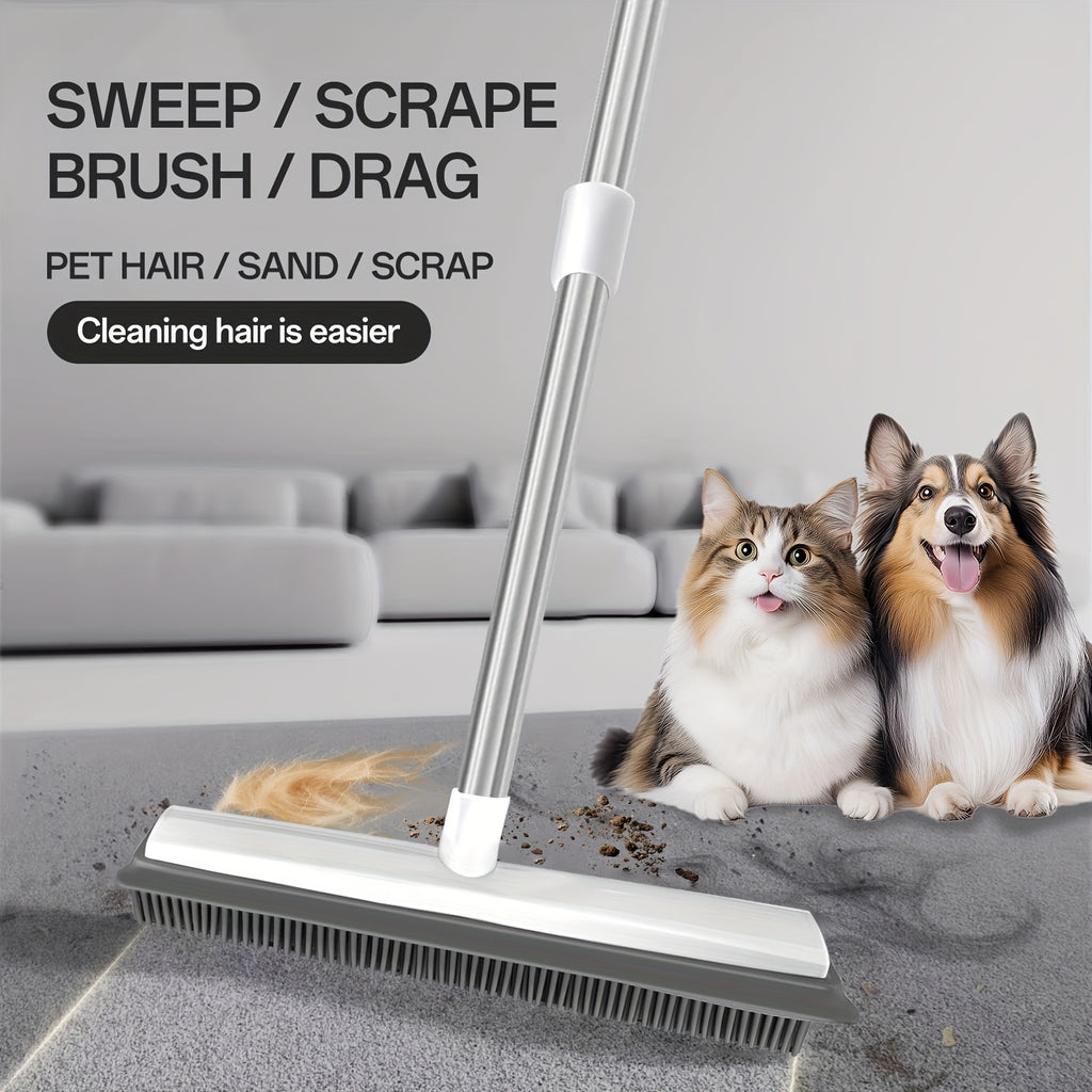 1-in-1 Pet Hair Remover Broom with Squeegee & Brush - Heavy-Duty Rubber Floor Sweeper for