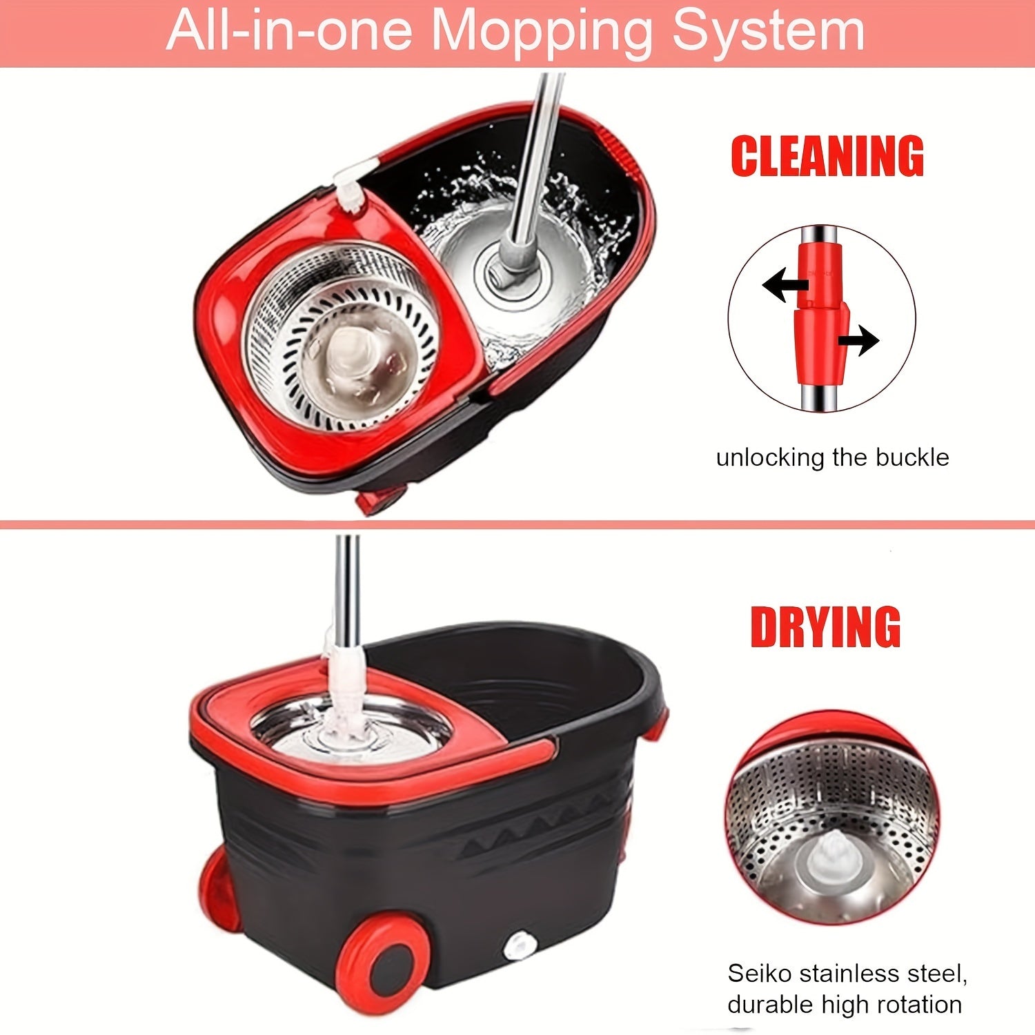 Spin Mop And Bucket with Wringer Set On Wheels, 360° Spinning Mop Bucket System with 3 Microfiber Replacement Heads