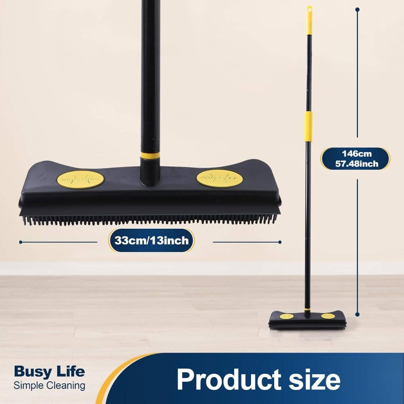 2-in-1 Pet Hair Removal Rubber Broom with Squeegee & Carpet Rake - 57.5” Long Handle Heavy-Duty Floor for