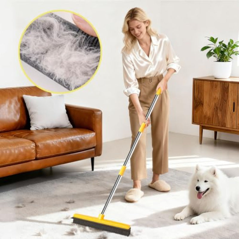 Adjustable & Extended- 52”\u002F37” Pet Hair Removal Broom with Squeegee - Dual-Sided Rubber Carpet Rake