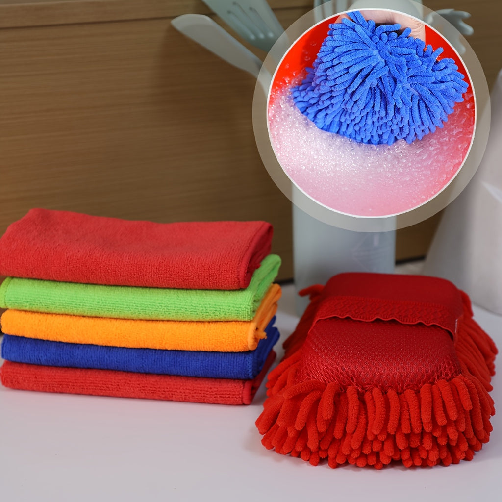 Super Absorbent Microfiber Car Wash Sponge And Towel Set - 6pcs Set Including 1 Chenille Cleaning Sponge