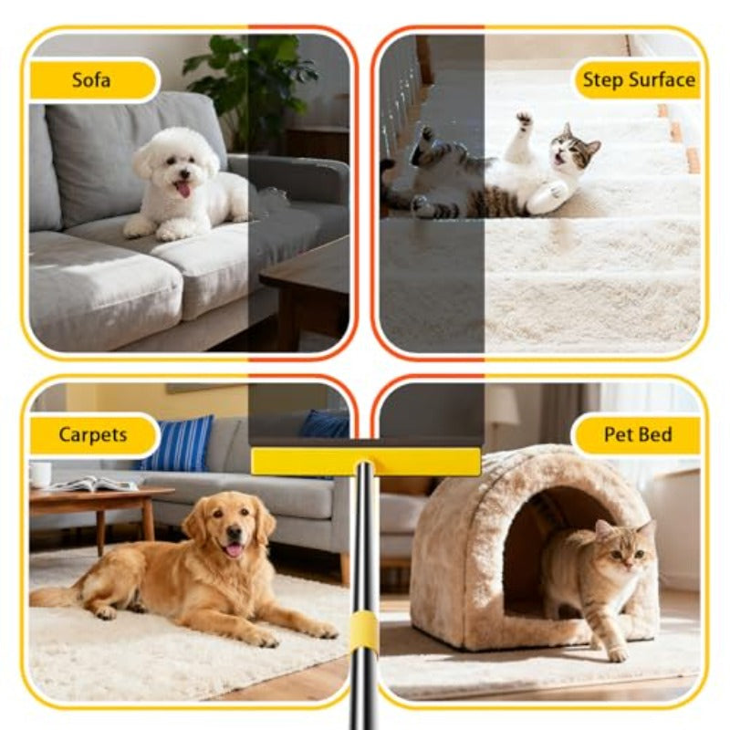 Adjustable & Extended- 52”\u002F37” Pet Hair Removal Broom with Squeegee - Dual-Sided Rubber Carpet Rake