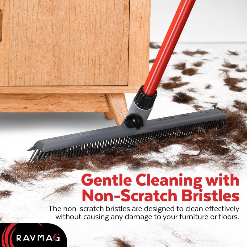 2-in-1 Heavy-Duty Pet Hair Removal Broom with Swivel & Long Handle - Heavy-Duty Rubber Bristles & Squeegee Attachment