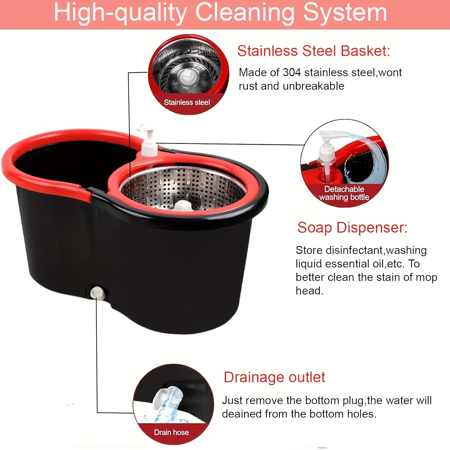 Spin Mop And Bucket With Wringer Set, 360° Spinning Mop Bucket System With 4 Microfiber Mop Replacement Heads