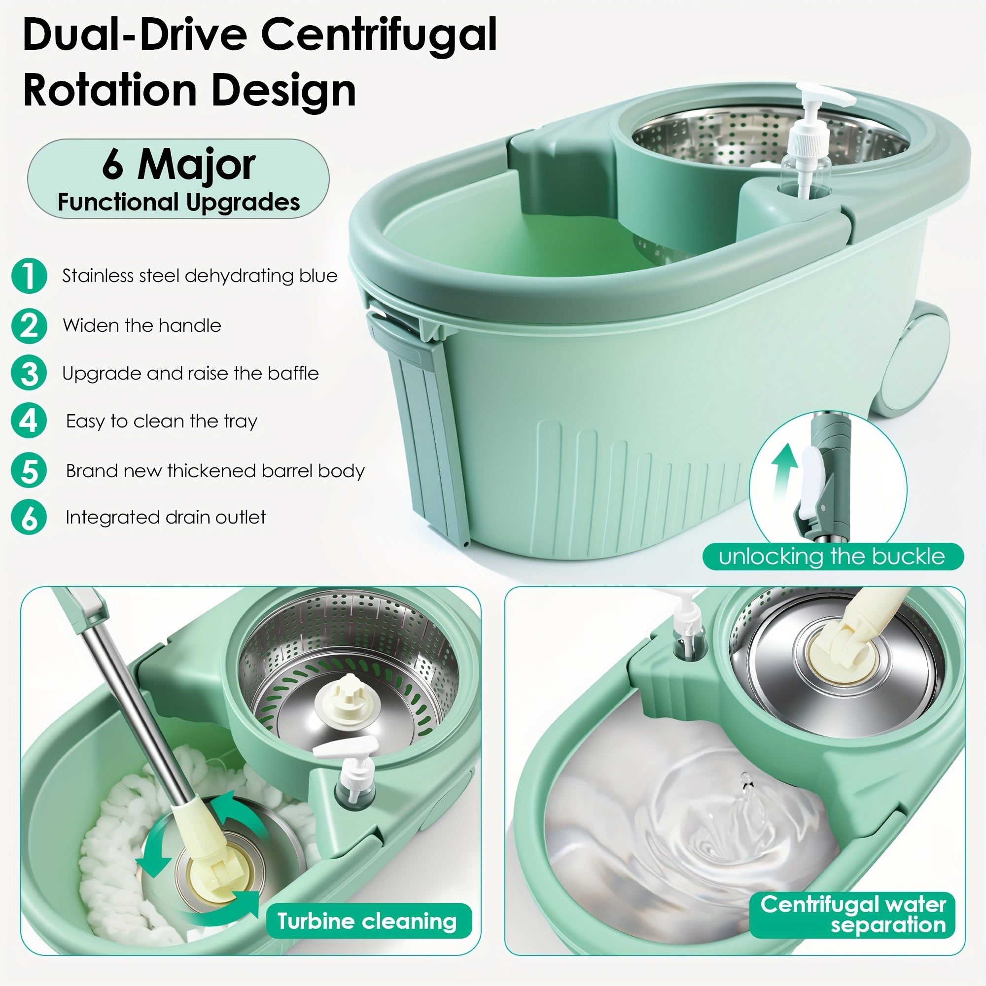 Durable Spin Mop Bucket with Wringer Set - 360° Rotating, 3 Microfiber Replacement Heads