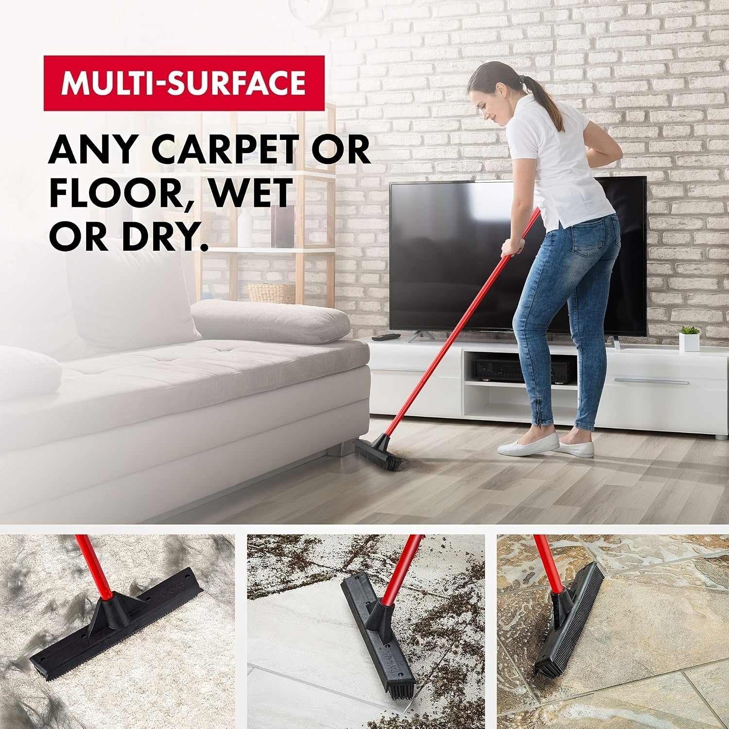 Commercial\u002FHeavy-Duty Pet Hair Remover Rubber Broom with Built-In Squeegee & Carpet Rake - Multi-Surface Floor for Hardwood Floors