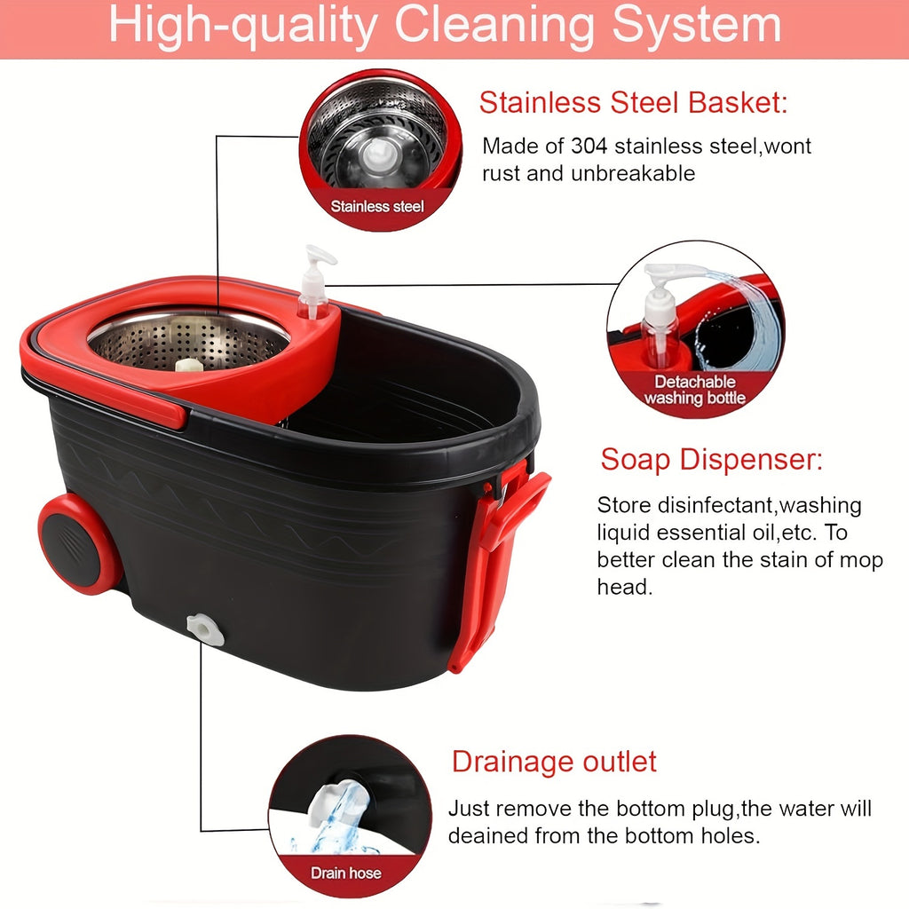 Spin Mop And Bucket with Wringer Set On Wheels, 360° Spinning Mop Bucket System with 3 Microfiber Replacement Heads