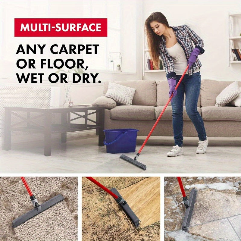 2-in-1 Heavy-Duty Rubber Broom & Carpet Rake\u002FSqueegee with Swivel Head