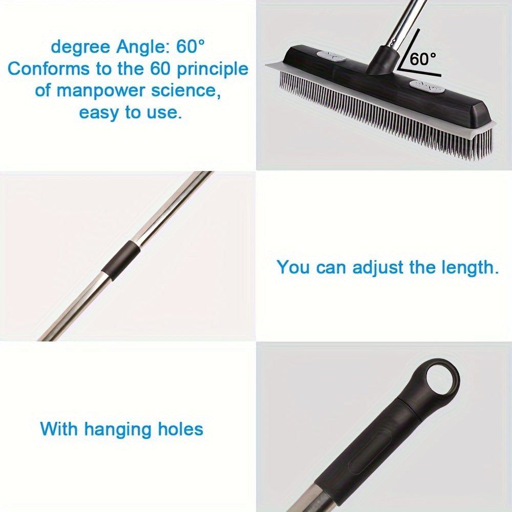 Pet Hair Rubber Broom With Carpet Rake And Squeegee, 2 In 1 Floor Brush For Carpet