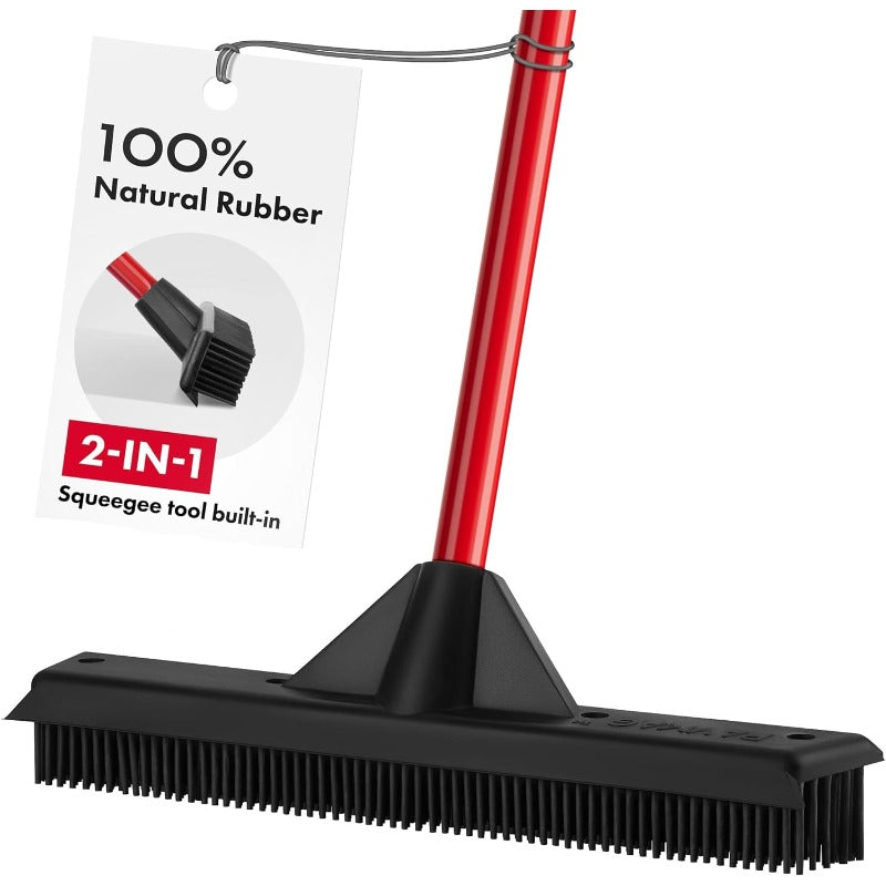 Heavy-Duty Pet Hair Remover Broom with Built-In Squeegee - Rubber Carpet & Floor Sweeper