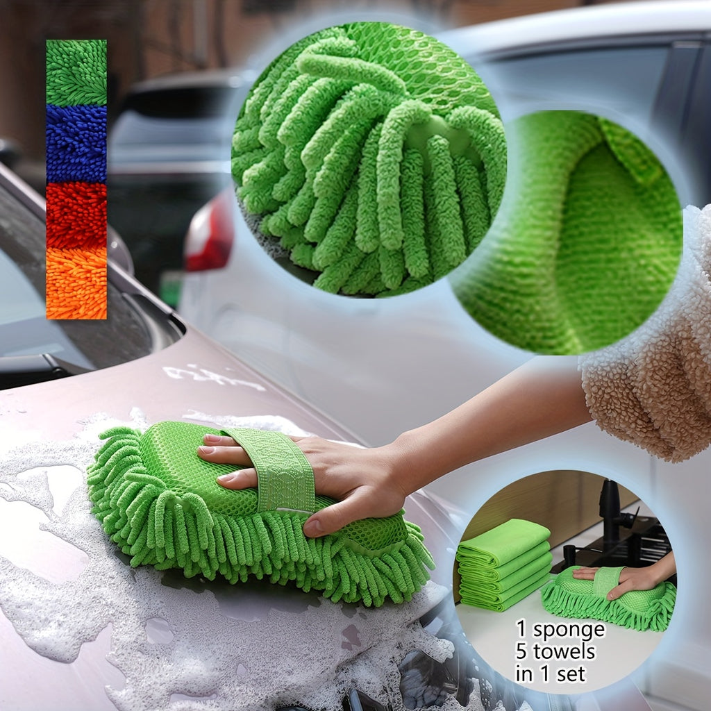 Super Absorbent Microfiber Car Wash Sponge And Towel Set - 6pcs Set Including 1 Chenille Cleaning Sponge